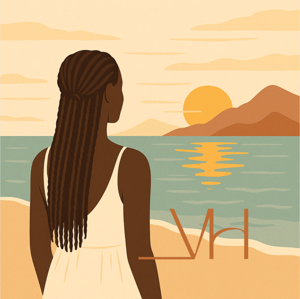 Jeune femme noire qui regarde l'horizon sereine